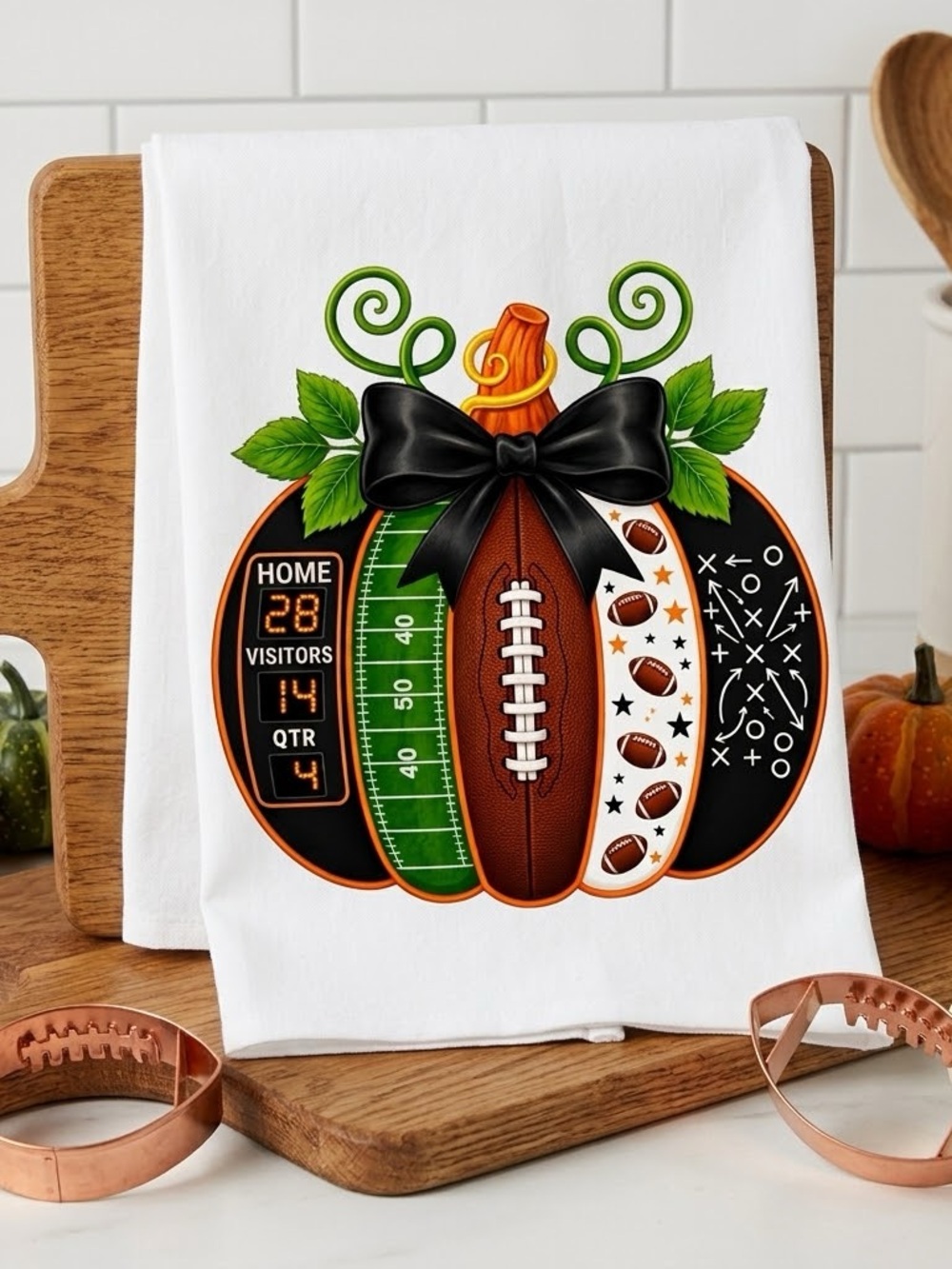 Football Pumpkin Decorative Kitchen Towel - White
